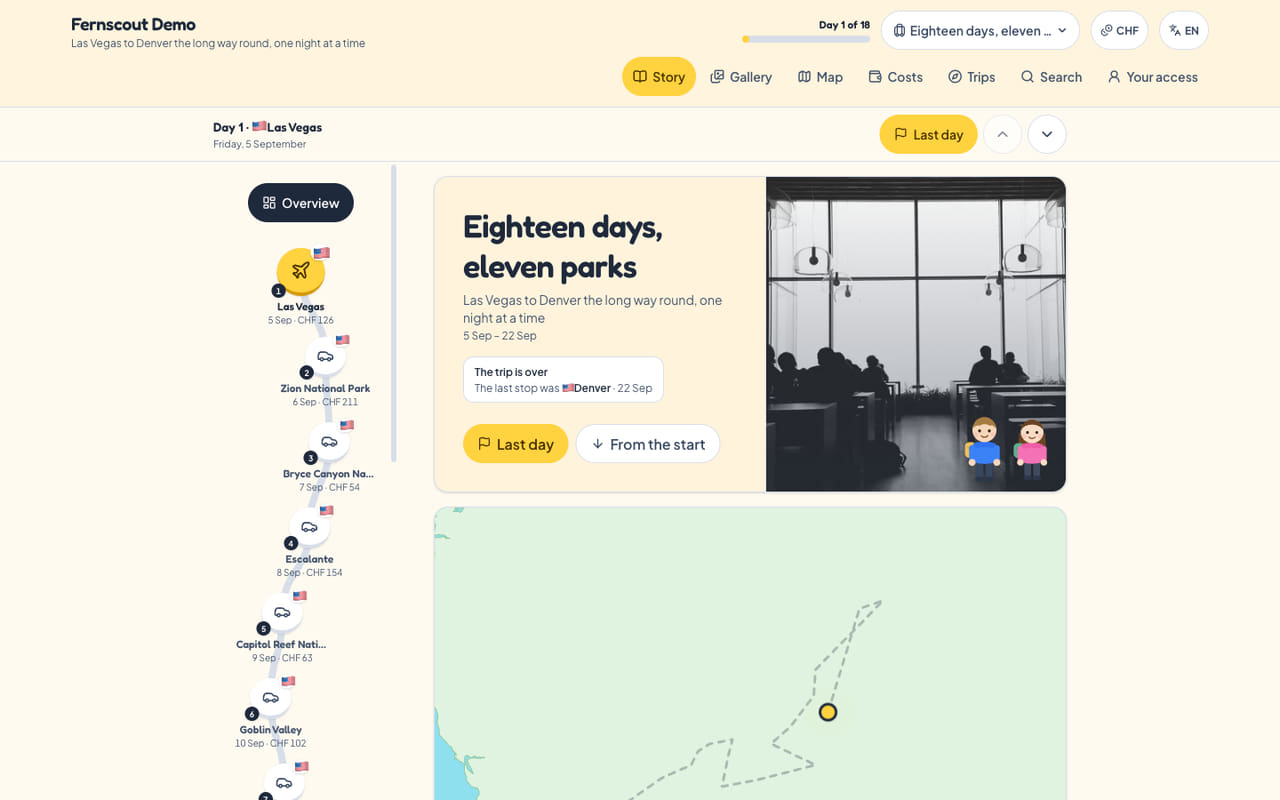A trip's story page: the day-by-day path, the day card, the route map